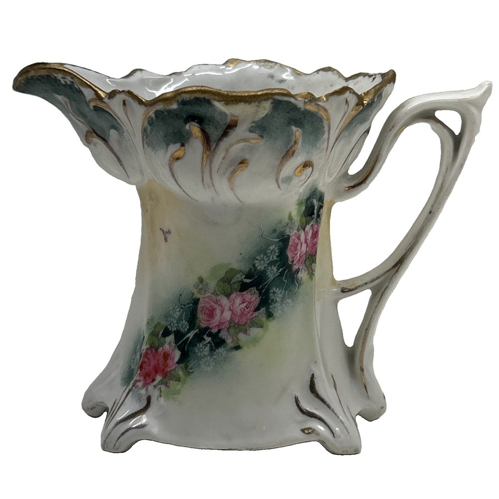 Antique R.S. Prussia Porcelain Creamer Pitcher Hand Painted Pink Roses Gold